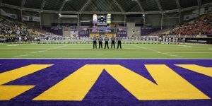 Wide shot of the UNI Unidome during a football game