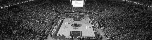 Black and white image of Wells Fargo Arena