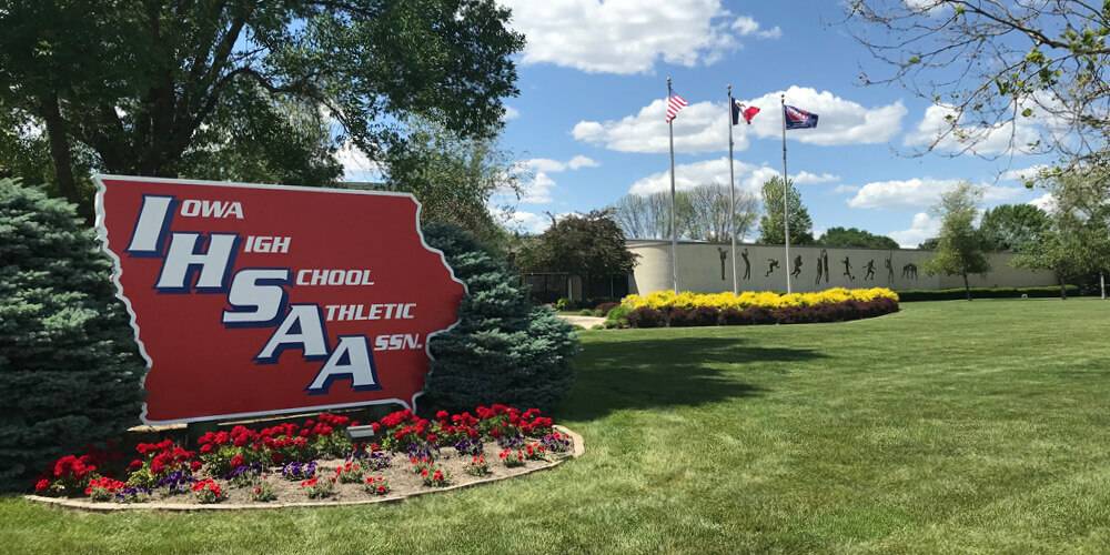 Close up image of the IHSAA sign outside of the HQ